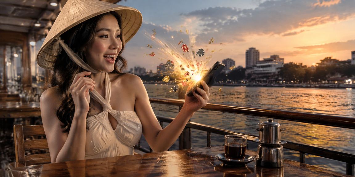 Người dùng chơi casino trên điện thoại tại Hà Nội với nón lá truyền thống